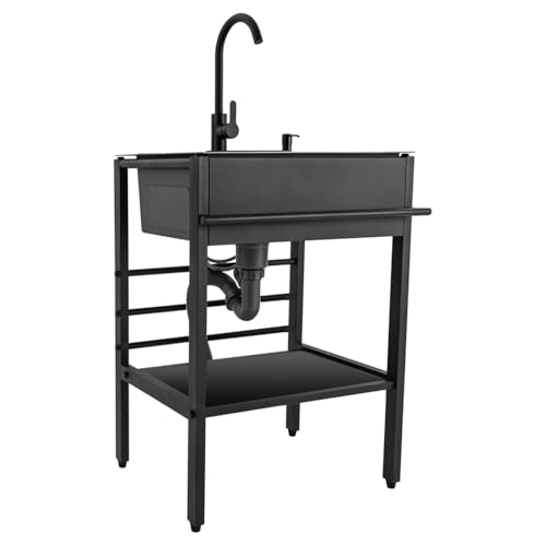 Fregadero de cocina de acero inoxidable 304 con dispensador de jabón, diseño compacto para lavaderos, bares y pubs, acabado negro (45 x 65 x 86 cm)