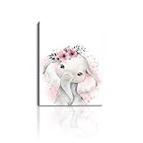 Elephant Canvas Print Wall Art Baby Shower Wall Decoration Woodland Nursery Poster Floral Crown Animals Prints Wall Art Cute Animal Motivational Theme Painting Home Decor for Kids Girl Nursery Room