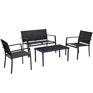Greesum 4 Pieces Patio Furniture Set Outdoor Conversation Textilene Fabric Chairs for Lawn, Garden, Balcony, Poolside with A Glass Coffee Table, Black