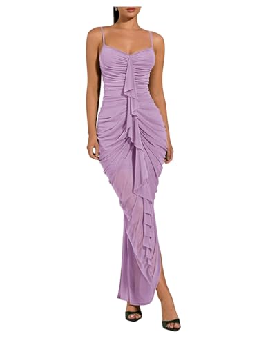 Image of Floerns Women's Ruffle Ruched Cami Dress Draped Split Elegant Bodycon Maxi Dresses