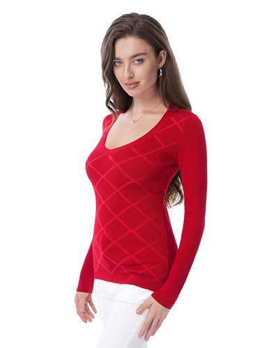 AmélieBoutik Women Crew Neck Knit Front Plaid Long Sleeve Slim Fit Sweater Top