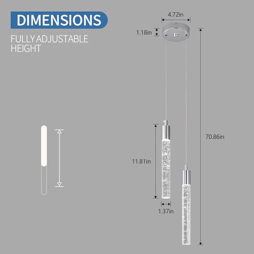 Image of Modern Light Fixture Kitchen Island Pendant Light Dimmable LED Chrome Pendant Lights Mini Crystal Pendant Lighting for Bedroom Dining Room Living Room(2-Light )