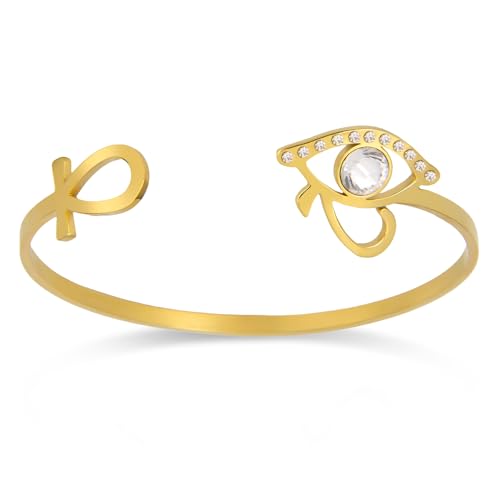 VASSAGO Pulsera de ojo egipcio de Horus con cruz Ankh brazalete abierto con diseño de ojo antiguo de Ra clave de la vida amuleto joyería religiosa para mujeres y hombres (Ojo de Horus Pulsera-G)