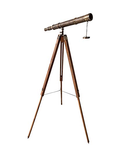 Telescope Brass & Textured Leather Carved Nautical Home Decor Antique Floor Standing Griffith Astro