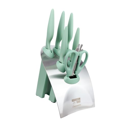 Rockingham Forge Greenworks 7 Piece Knife Block Set with Scissors, Green Recycled Plastic, German Stainless Steel, Dishwasher Safe Kitchen Knives