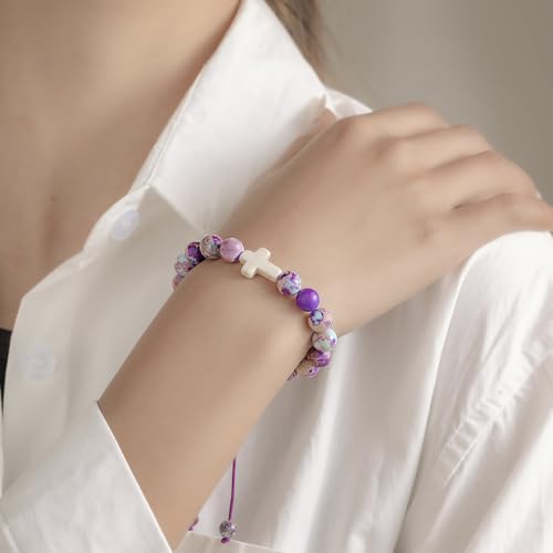 FRG Easter Basket Stuffers for Girls, Cross Charm Bracelet Easter Gifts for Womens Natural Stone Beaded Bracelet Christian Gifts for Girls Inspirational Jewelry2
