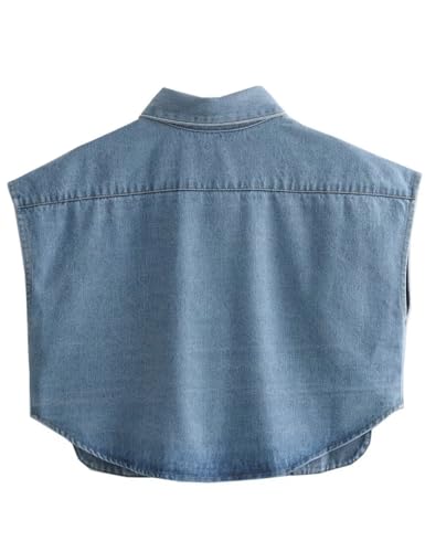 Womens Denim Cropped Button Down Shirt Collared Sleeveless Summer Loose Jean Crop Top with Pockets2
