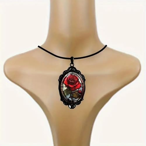 Gothic Rose Glass Necklace for Women Vintage Satan Demon Pendant Halloween Roses Necklaces Dark Punk Style Necklace Victoria Emboss Necklaces Mystic Witch Jewelry Gift Accessories2