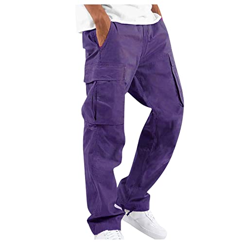 Purple Cargo Joggers Men Plus Size Elastic Waist Mencomfy Cargo Pants Stretch Active Safety Construction Pants with Pockets Lightweight Comfy Active Workout Trousers Pantalones para Trabajo De Hombre