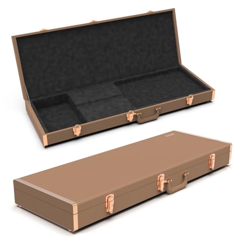 Renoster Electric Bass Guitar Hard Case with Lock, For Fender Ibanez ESP PRS and Standard Size Guitar, Interior Accessory Compartment (Bass Guitar Case+Stand+String+Cable+Picks, Brown-Bass)