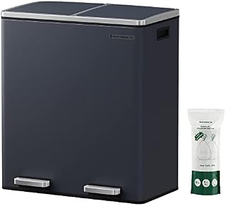 SONGMICS Double Rubbish Bin, 2 x 30 L Dual Compartment Kitchen Bin with 15 Rubbish Bags, Metal Pedal Bin with Plastic Inner Buckets and Lids, Soft Close, Odour Seal, Smoky Grey LTB60GS