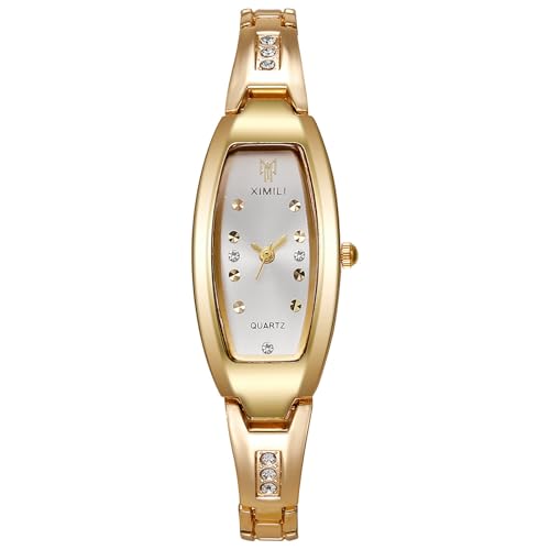 ELLENNE - Montre Femme Bracelet Rigide Or - Boîtier Allongé avec Cristaux, Cadran Argent...