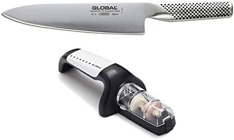 Global Stainless Steel 8-Inch Chef`s Knive with 2-Stage Handheld Knife Sharpener G-91 (White)