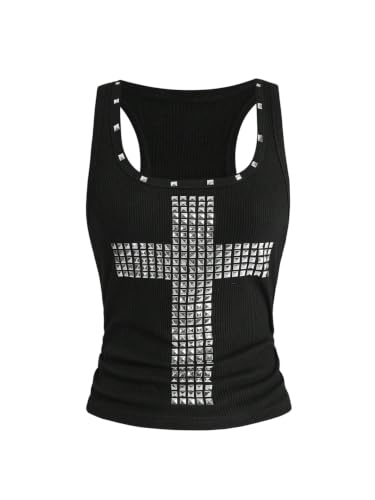 BEAUDRM Women's Graphic Tank Top Gothic Studded Rave Tops Y2k Grunge Top