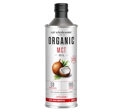Eat Wholesome High C8 Organic MCT Coconut Oil, 100% coco, aceite MCT en botella de vidrio, 500 ml (el embalaje puede variar)