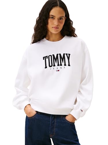 Tommy Jeans Pulôver feminino de peso médio com gola redonda com logotipo impresso, branco óptico