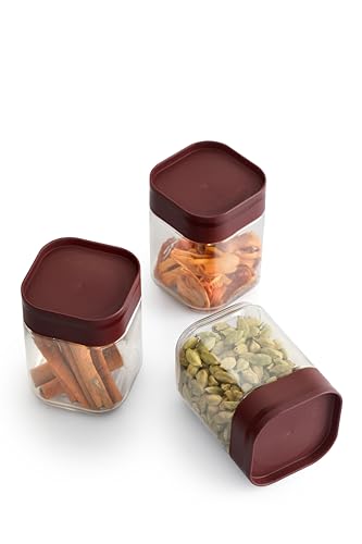 CELLO Modustack Square Storage Containers Set of 3, (300mlx3), Maroon |Food Grade, Stackable, See Through Pet Kitchen Organizer| Perfect For Storage of Food, Pulses, Spice, Cereals, Cookies,Dry Food