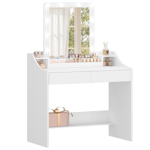 Hzuaneri Dressing Table with LED Lights, Adjustable Brightness and Color, Vanity Table with Mirror, Vanity Desk with 2 Drawers and 2 Open Compartments, Modern, White DT39503X