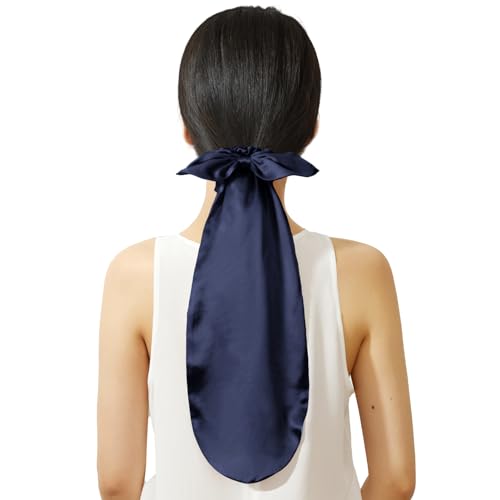 Image of LILYSILK 2-in-1 Silk Hair Ties with Silk Scrunchies for Long and Curly Hair, 100% Silk Bonnet for Sleeping & Daily Usage, Elastic Adjustable for Women Ladies and Girls Navy Blue