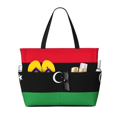 Libyan Flag Extra Large Tote Bag For Women,Foldable Beach Bag With Pocket Weekender Travel Overnight Bag
