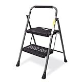GOLYTON Folding 2-Step Ladder with Anti-Slip Platform and Handrail, Heavy Duty Steel, 500 lbs Capacity, Compact Portable Step Stool for Home, Kitchen & Office Use, Grey