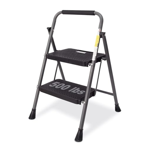 GOLYTON Folding 2-Step Ladder with Anti-Slip Platform and Handrail Heavy Duty Steel 500 lbs Capacity Compact Portable Step Stool for Home Kitchen & Office Use Grey
