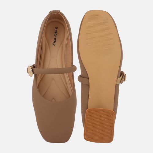 Image of DROP BOLD Khaki Square Toe Mary Jane Block Heel Show For Women & Girls