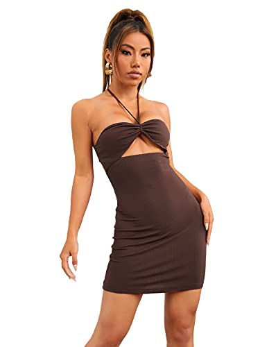 SheIn Women s Ruched Cut Out Mini Bodycon Dress Sleeveless Tie Back Halter Short Dresses Chocolate Brown Small