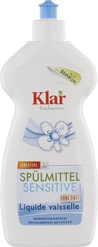 Detergente transparente Sensitive 500 ml, detergente concentrado respetuoso con el medio ambiente sin fragancia, para una vajilla limpia y brillante, libre de fragancias y colorantes sintéticos, vegano