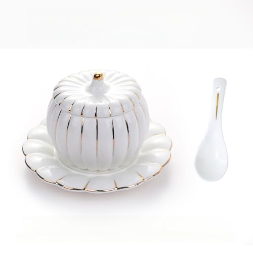 Juxkovティーボウル蒸し器ふた付き食器ベーキングカップ陶器カボチャ型大容量多機能軽量耐熱おしゃれかわいいデザートカップホステルホテルレストラン業務用キッチン用品 (ホワイト,330ml)