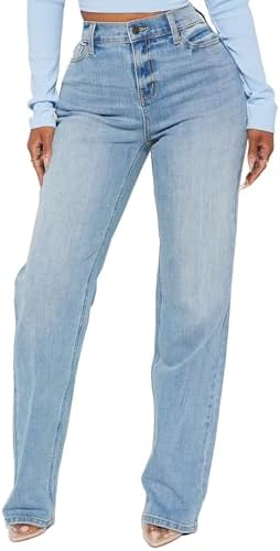 BessCops Women's Jeans High Waisted Straight Leg Stretchy Jeans Trendy Loose Wide Leg Denim Pants Light Blue