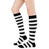 Century Star Knee High Socks-Long Tube Striped Socks for Women 1 Pack Black White Strips