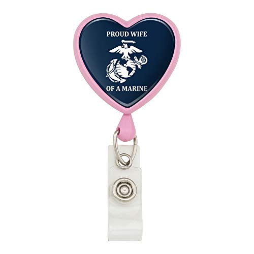 Proud Wife of a Marine USMC White Logo on Blue Officially Licensed Heart Lanyard Retractable Reel Badge ID Card Holder - Pink