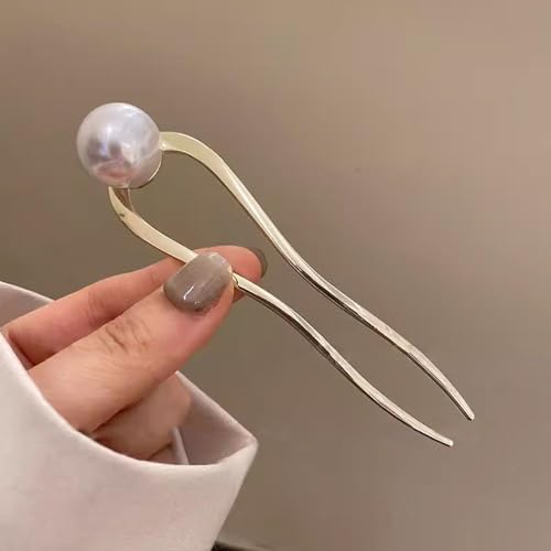 U Shaped Pearl French Hair Pin Gold Silver Metal Hair Clips French Hair Pins for Women Updo Hair Accessories Elegant French Pin Hair Clip U-Shape Hair Fork Hairpin Hair Sticks for Buns Hairclips, 2pcs