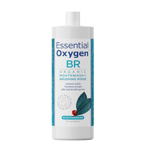 Essential Oxygen Certified BR Organic Brushing Rinse All Natural Mouthwash for Whiter Teeth Fresher Breath and Happier Gums Alcohol-Free Oral Care Wintergreen 32 Ounce