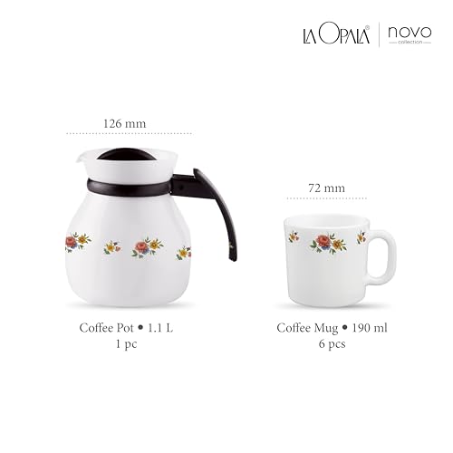 Image of La Opala Novo Collection Opal Glass Crockery | Coffee Set 7 pcs | Coffee Mug with Coffee Pot, Petite Roses | for Tea & Coffee | Microwave Safe | 100% Vegetarian | Extra Strong | Light & White