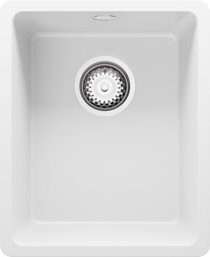 PRIMAGRAN Fregadero Cocina Blanco 36x44cm, Fregadero Granito 1 Seno + Sifón, Fregadero sobre encimera al mueble 40cm - Venecia Slim Easy