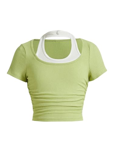 OYOANGLE Girl's Color Block Short Sleeve Halter T-Shirts Ribbed Knit Ruched 2 in 1 Tee Tops