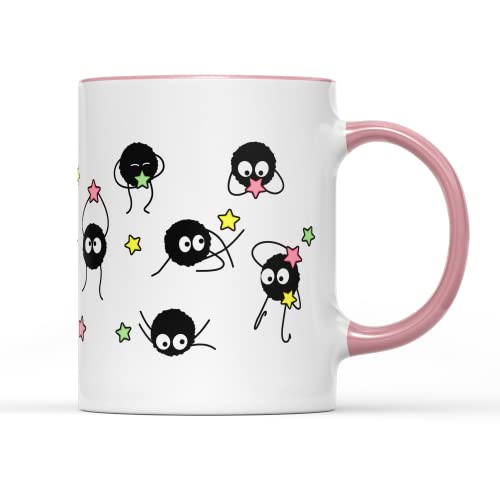 SMARTYPANTS Soot Sprites,Taza de café con diseño de anime, manga, cine, estudio, susuwatari, espíritus vecinos, regalo de regalo, recubierto, apta para lavavajillas y microondas (mango rosa Prime)