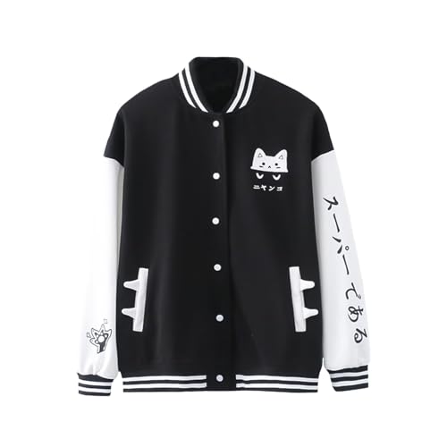 Cute Cat Baseball Jacket Hoodie Long Sleeve Casual Sweatshirt Oversized Kawaii Print Pullover Aesthetic Coat for Girl