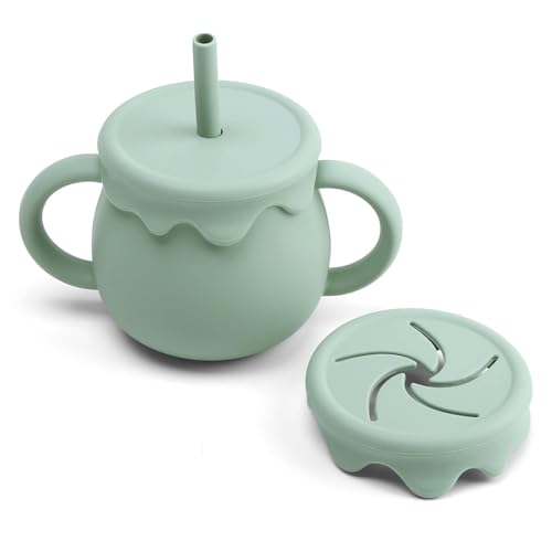 Image of Moonkie 2-in-1 Silicone Baby Cups with Straw and Lid for Snacks, 8.5 oz Spill-Proof Sippy Cups, Training Cup for Toddlers Ages (Green)