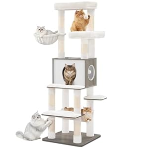 Hzuaneri Großer Katzebaum, 166 cm Hoch, mit 8 Kratzstämmen, Abnehmbarer, Waschbarer Matte, 1 Höhle, 2 Plattformen, 1 Katzenkorb, Hängematte, 2 Plüschbälle, Helle Elfenbein MS16605WT
