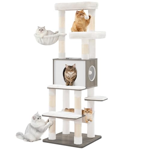 Hzuaneri Großer Katzebaum, 166 cm Hoch, mit 8 Kratzstämmen, Abnehmbarer, Waschbarer Matte, 1 Höhle, 2 Plattformen, 1 Katzenkorb, Hängematte, 2 Plüschbälle, Helle Elfenbein MS16605WT