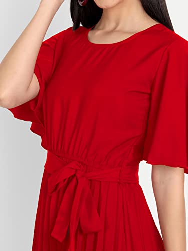 Image of KUDUZO Women's Crepe Long Pleated Below Knee Length Flutter Sleeve Round Neck S to XL Maxi Dress for Girls. (EG-U0IM-B9A1)