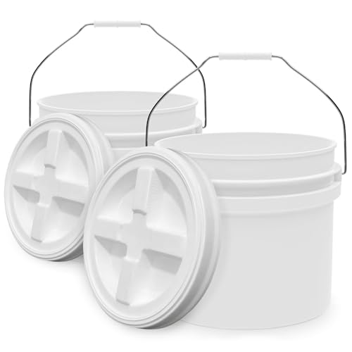 3.5-Gallon White Bucket Pail with Gamma Seal Screw on Airtight Lid, Heavy-Duty 90MIL Extra Durable, Food Grade, Metal Handles with Plastic Grip for Easy Carrying, Easy Stack &amp; Store, BPA Free - 2 Pack