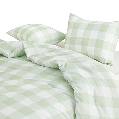 Wake In Cloud - Sage Green Plaid Comforter Set, Sage Green And White Cottagecore Buffalo Check Gingham Checker Geometric Modern Pattern Printed, Soft Microfiber Bedding (3Pcs, Queen Size) #TOP1