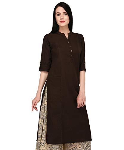 Image of Pistaa's Women's Cotton Relaxed Fit Straight Solid Kurta With Two Patch Pockets