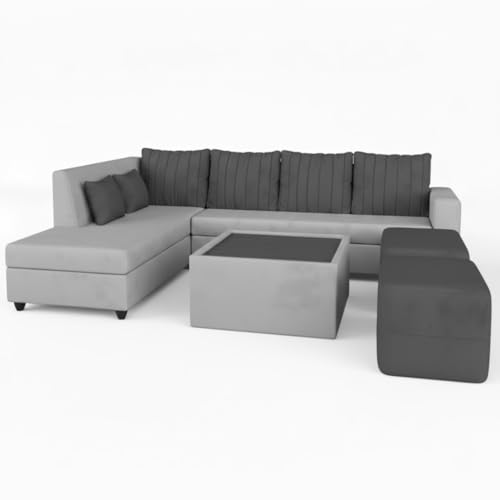 Image of CASASTYLE Stylano 8 Seater Fabric LHS L Shape Sofa Set with 1 Centre Table & 2 Ottoman (Dark Grey-Light Grey) 8-Person Seating with Premium Velvet Finish