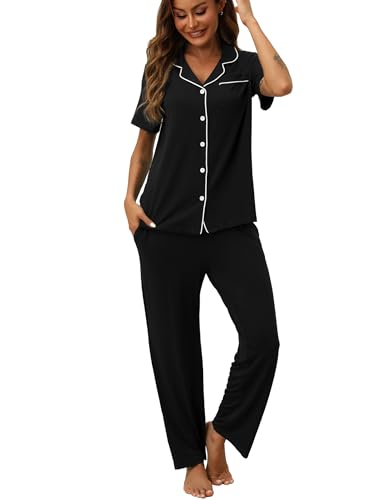 ZMJ Womens Pajamas Sets 2 Piece Button Up Pj Sets Short Sleeve with Long Pant