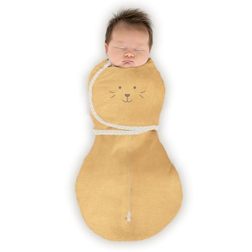 Image of SwaddleDesigns 6-way Omni Swaddle Sack, Arms Up Swaddle for Newborn, More Options to Calm Startle Reflex, Improves Sleep, Easy Transition Baby Sleep Sack, Small, 0-3 month, Gold, Cute Animal Face